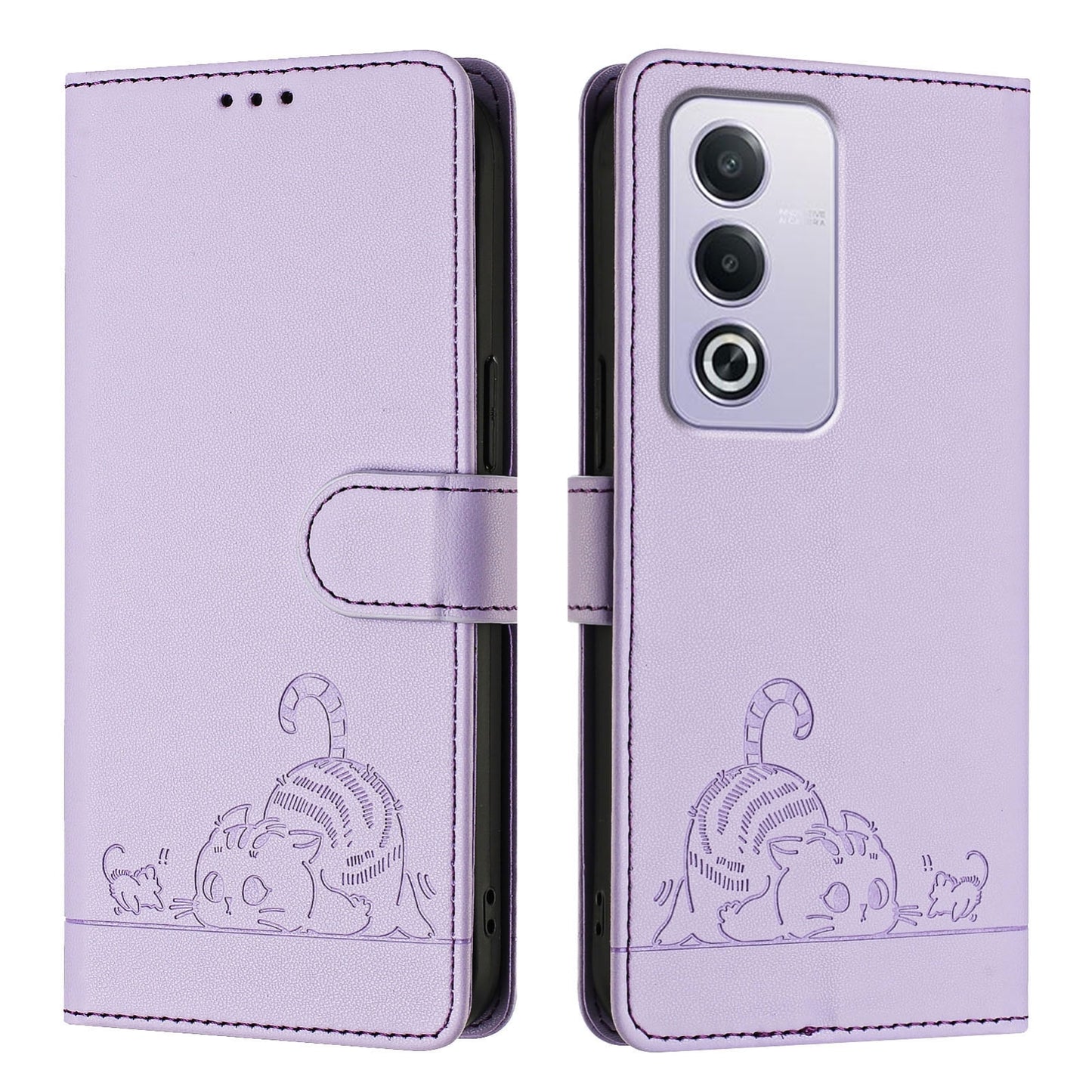 OPPO A3 Pro 5G Global Leather Phone Case with Cat and Rat Embossed Pattern, RFID Protection, Card Holder Slots, Anti-fall Feature & Lanyard