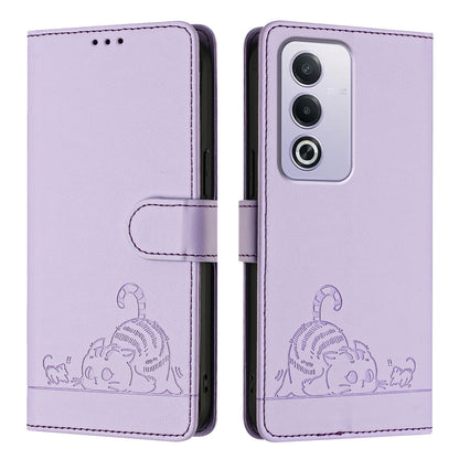 OPPO A3 Pro 5G Global Leather Phone Case with Cat and Rat Embossed Pattern, RFID Protection, Card Holder Slots, Anti-fall Feature & Lanyard