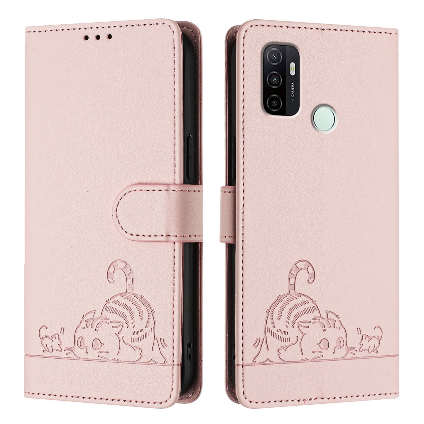 OPPO A32 2020 4G Leather Phone Case with Cat and Rat Embossed Pattern, RFID Protection, Card Holder Slots, Anti-fall Feature & Lanyard