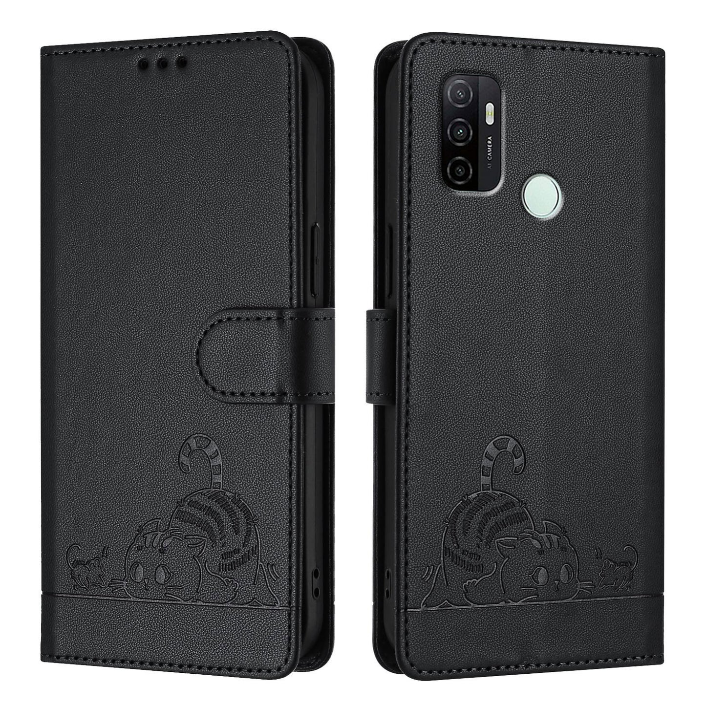 OPPO A32 2020 4G Leather Phone Case with Cat and Rat Embossed Pattern, RFID Protection, Card Holder Slots, Anti-fall Feature & Lanyard