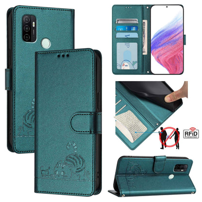 OPPO A32 2020 4G Leather Phone Case with Cat and Rat Embossed Pattern, RFID Protection, Card Holder Slots, Anti-fall Feature & Lanyard