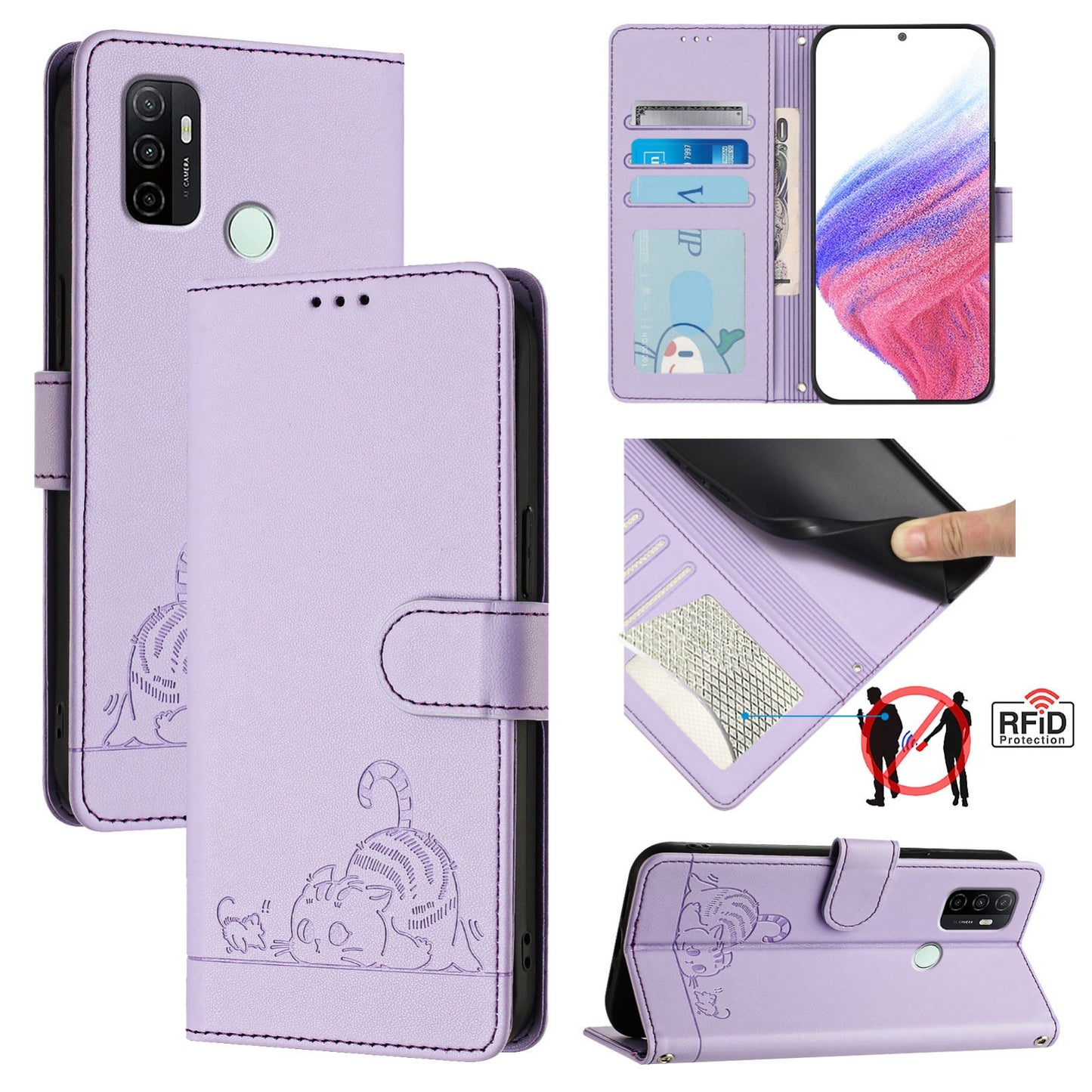 OPPO A53 2020 4G Leather Phone Case with Cat and Rat Embossed Pattern, RFID Protection, Card Holder Slots, Anti-fall Feature & Lanyard