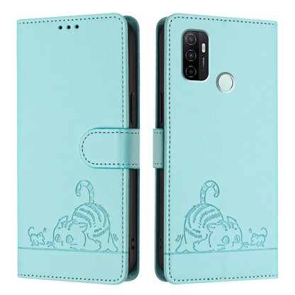 OPPO A53s 4G Leather Phone Case with Cat and Rat Embossed Pattern, RFID Protection, Card Holder Slots, Anti-fall Feature & Lanyard