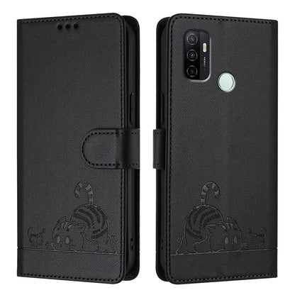 OPPO A53s 4G Leather Phone Case with Cat and Rat Embossed Pattern, RFID Protection, Card Holder Slots, Anti-fall Feature & Lanyard