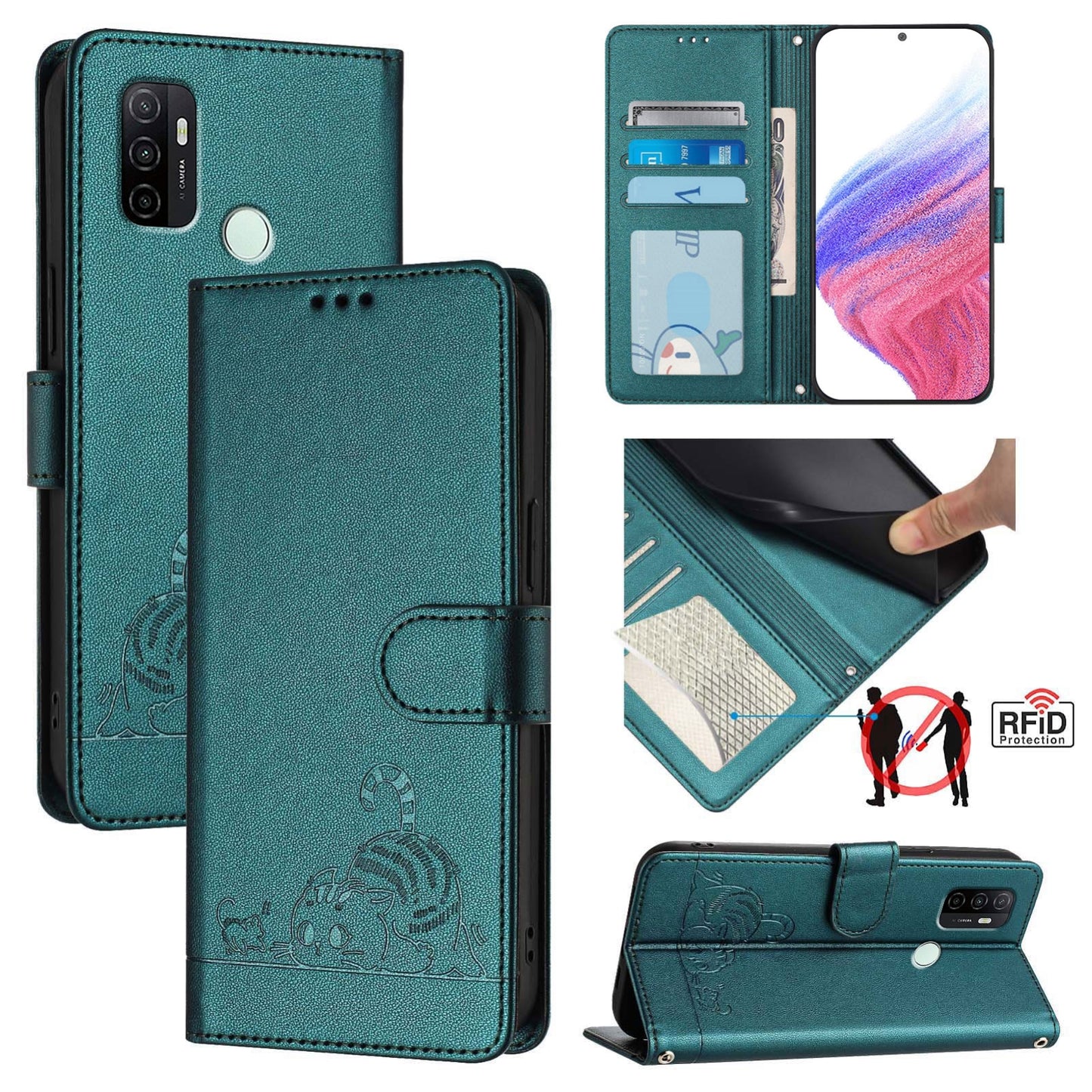 OPPO A53s 4G Leather Phone Case with Cat and Rat Embossed Pattern, RFID Protection, Card Holder Slots, Anti-fall Feature & Lanyard