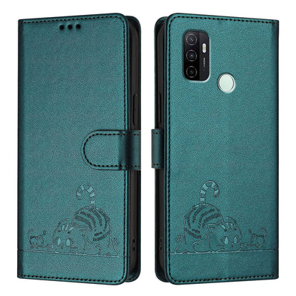 OPPO A53s 4G Leather Phone Case with Cat and Rat Embossed Pattern, RFID Protection, Card Holder Slots, Anti-fall Feature & Lanyard