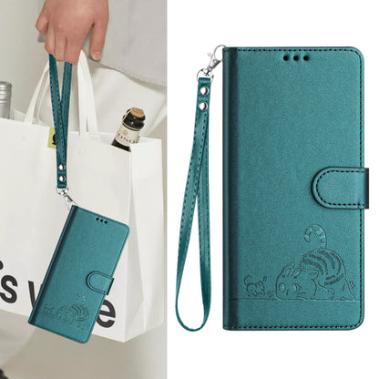 OPPO A53s 4G Leather Phone Case with Cat and Rat Embossed Pattern, RFID Protection, Card Holder Slots, Anti-fall Feature & Lanyard
