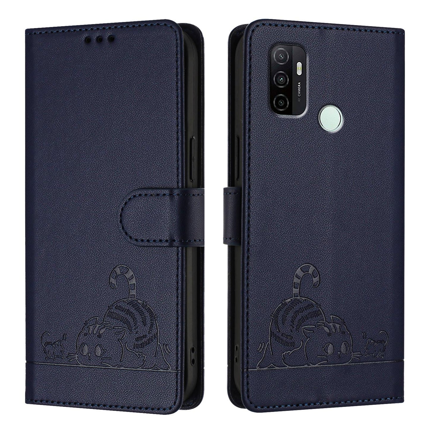 OPPO A53s 4G Leather Phone Case with Cat and Rat Embossed Pattern, RFID Protection, Card Holder Slots, Anti-fall Feature & Lanyard