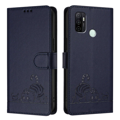 OPPO A53s 4G Leather Phone Case with Cat and Rat Embossed Pattern, RFID Protection, Card Holder Slots, Anti-fall Feature & Lanyard