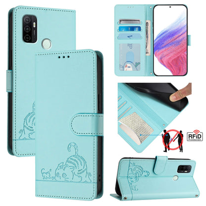 OPPO A11s 4G Leather Phone Case with Cat and Rat Embossed Pattern, RFID Protection, Card Holder Slots, Anti-fall Feature & Lanyard