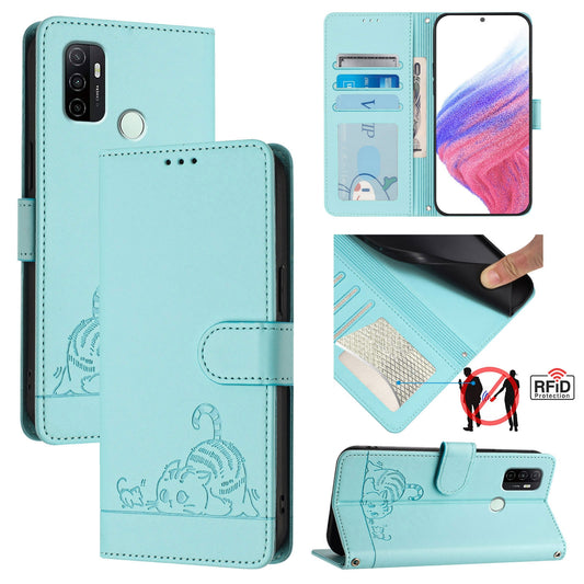 OPPO A11s 4G Leather Phone Case with Cat and Rat Embossed Pattern, RFID Protection, Card Holder Slots, Anti-fall Feature & Lanyard