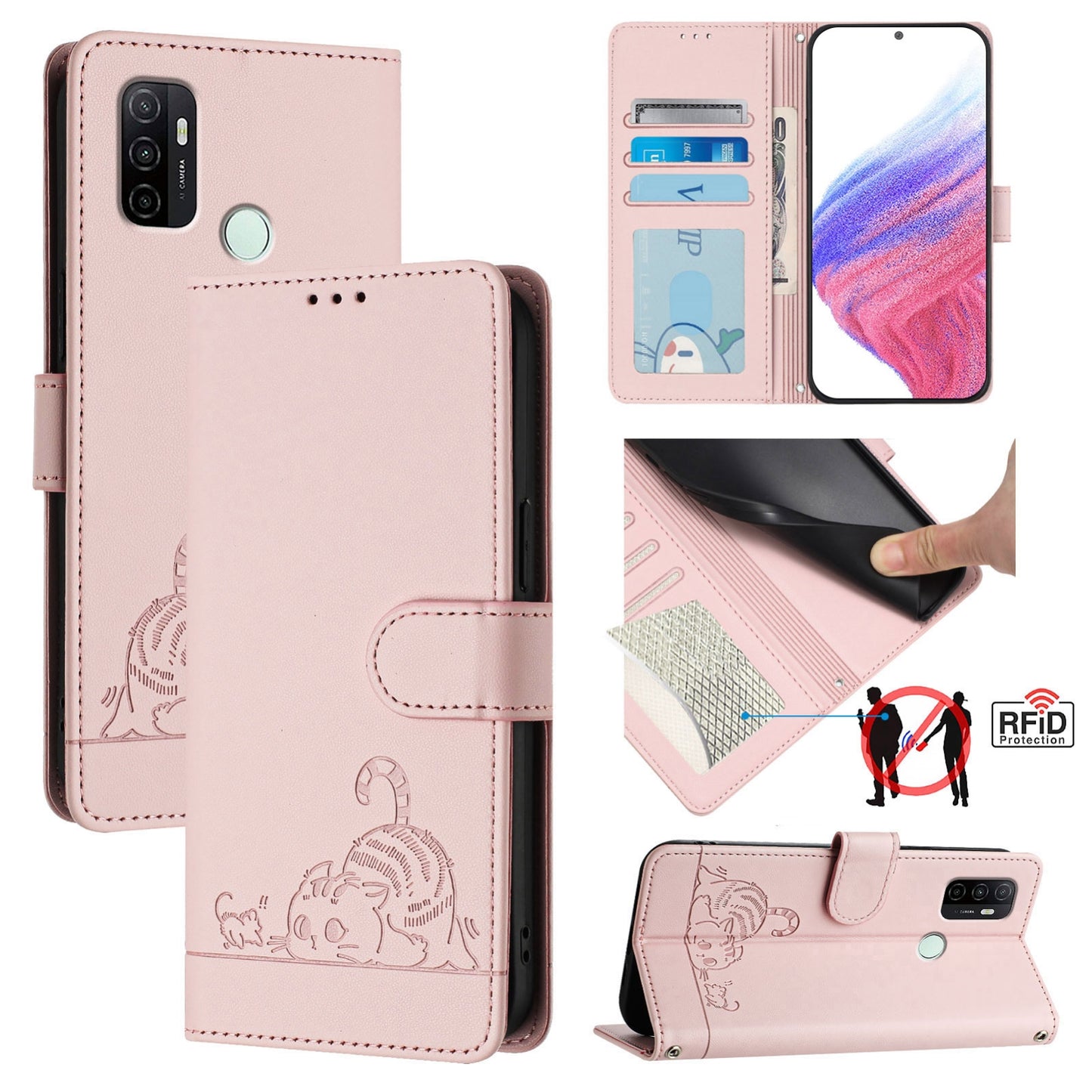 OPPO A11s 4G Leather Phone Case with Cat and Rat Embossed Pattern, RFID Protection, Card Holder Slots, Anti-fall Feature & Lanyard