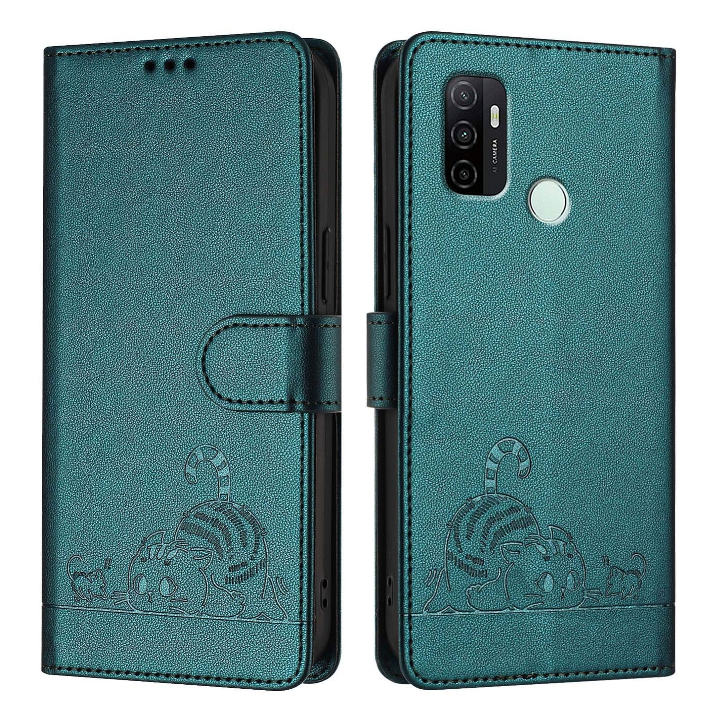 OPPO A11s 4G Leather Phone Case with Cat and Rat Embossed Pattern, RFID Protection, Card Holder Slots, Anti-fall Feature & Lanyard