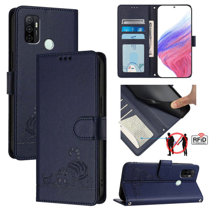OPPO A11s 4G Leather Phone Case with Cat and Rat Embossed Pattern, RFID Protection, Card Holder Slots, Anti-fall Feature & Lanyard