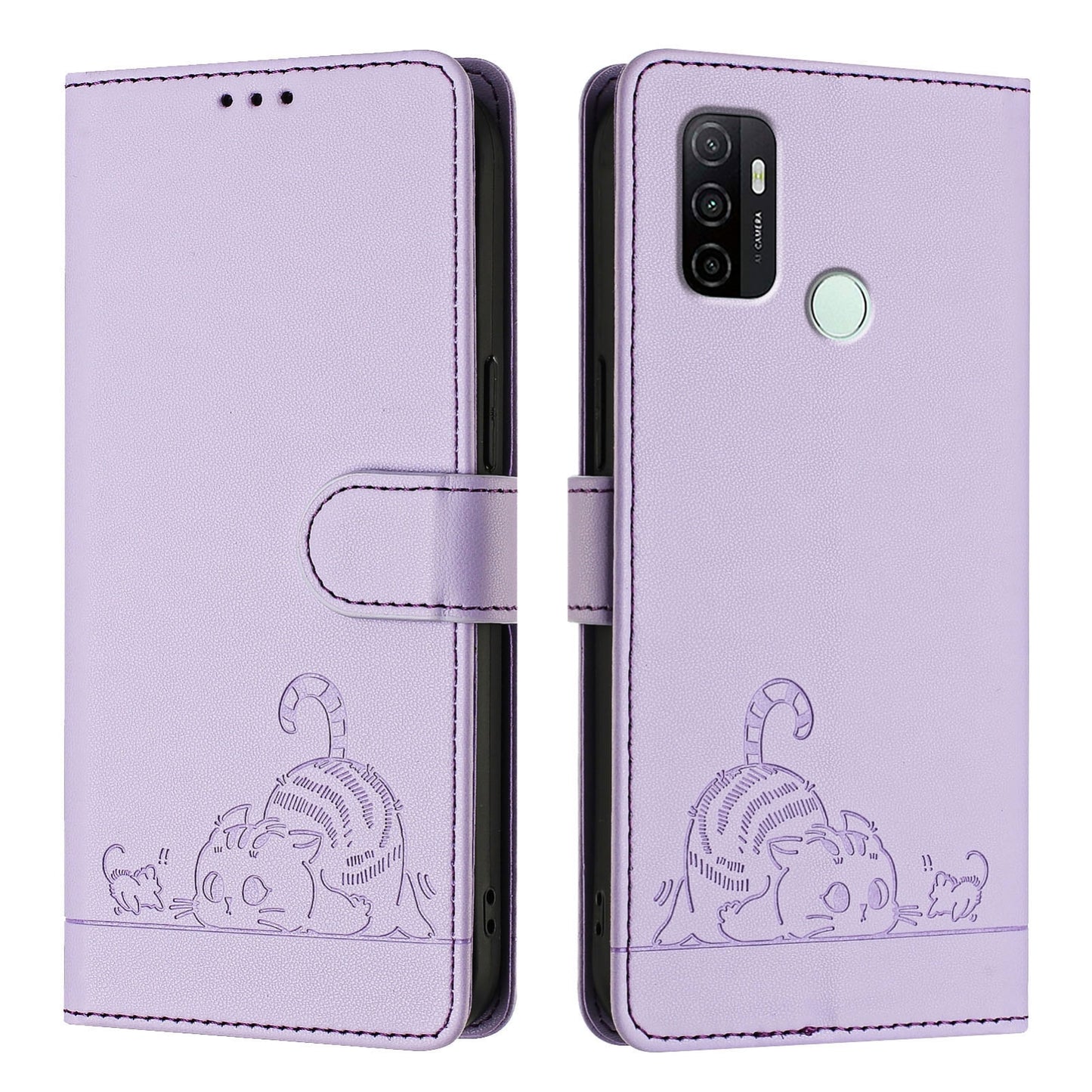 OPPO A11s 4G Leather Phone Case with Cat and Rat Embossed Pattern, RFID Protection, Card Holder Slots, Anti-fall Feature & Lanyard