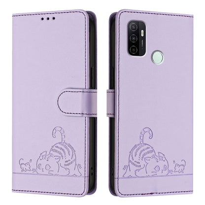 OPPO A11s 4G Leather Phone Case with Cat and Rat Embossed Pattern, RFID Protection, Card Holder Slots, Anti-fall Feature & Lanyard