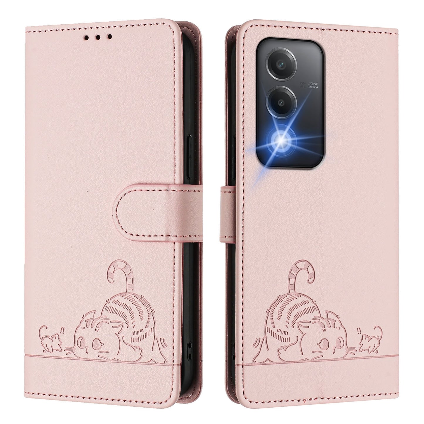 OPPO A80 5G EU Leather Phone Case with Cat and Rat Embossed Pattern, RFID Protection, Card Holder Slots, Anti-fall Feature & Lanyard