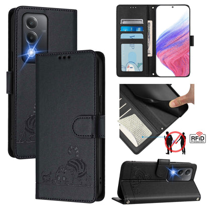 OPPO A80 5G EU Leather Phone Case with Cat and Rat Embossed Pattern, RFID Protection, Card Holder Slots, Anti-fall Feature & Lanyard