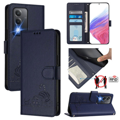 OPPO A80 5G EU Leather Phone Case with Cat and Rat Embossed Pattern, RFID Protection, Card Holder Slots, Anti-fall Feature & Lanyard