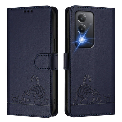 OPPO A80 5G EU Leather Phone Case with Cat and Rat Embossed Pattern, RFID Protection, Card Holder Slots, Anti-fall Feature & Lanyard