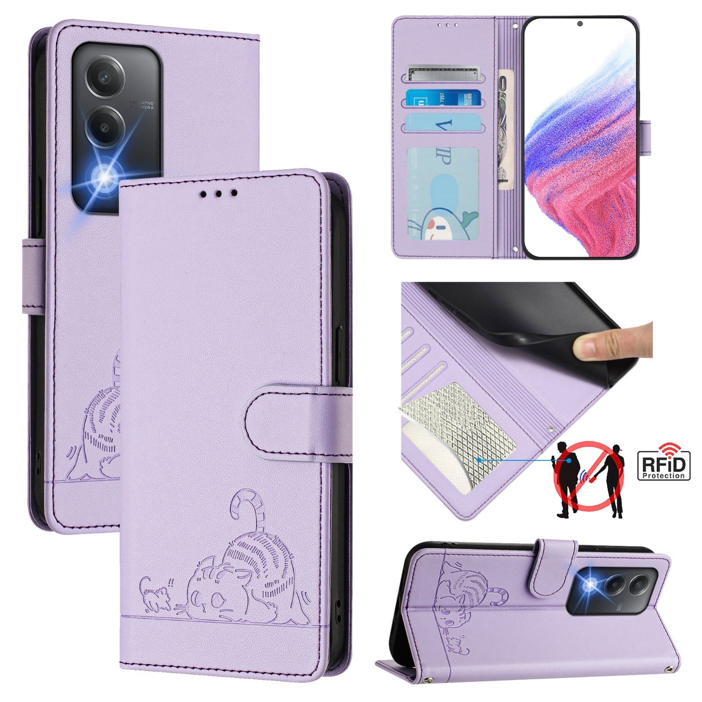 OPPO A80 5G EU Leather Phone Case with Cat and Rat Embossed Pattern, RFID Protection, Card Holder Slots, Anti-fall Feature & Lanyard