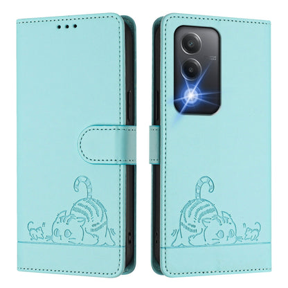 OPPO K12x 5G Global Leather Phone Case with Cat and Rat Embossed Pattern, RFID Protection, Card Holder Slots, Anti-fall Feature & Lanyard