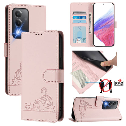 OPPO K12x 5G Global Leather Phone Case with Cat and Rat Embossed Pattern, RFID Protection, Card Holder Slots, Anti-fall Feature & Lanyard