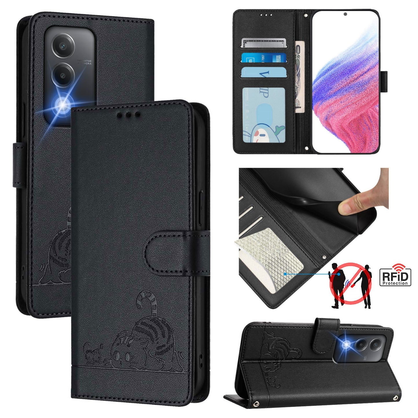 OPPO K12x 5G Global Leather Phone Case with Cat and Rat Embossed Pattern, RFID Protection, Card Holder Slots, Anti-fall Feature & Lanyard