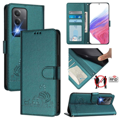 OPPO K12x 5G Global Leather Phone Case with Cat and Rat Embossed Pattern, RFID Protection, Card Holder Slots, Anti-fall Feature & Lanyard