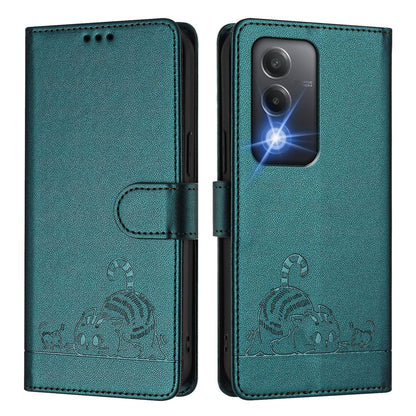 OPPO K12x 5G Global Leather Phone Case with Cat and Rat Embossed Pattern, RFID Protection, Card Holder Slots, Anti-fall Feature & Lanyard