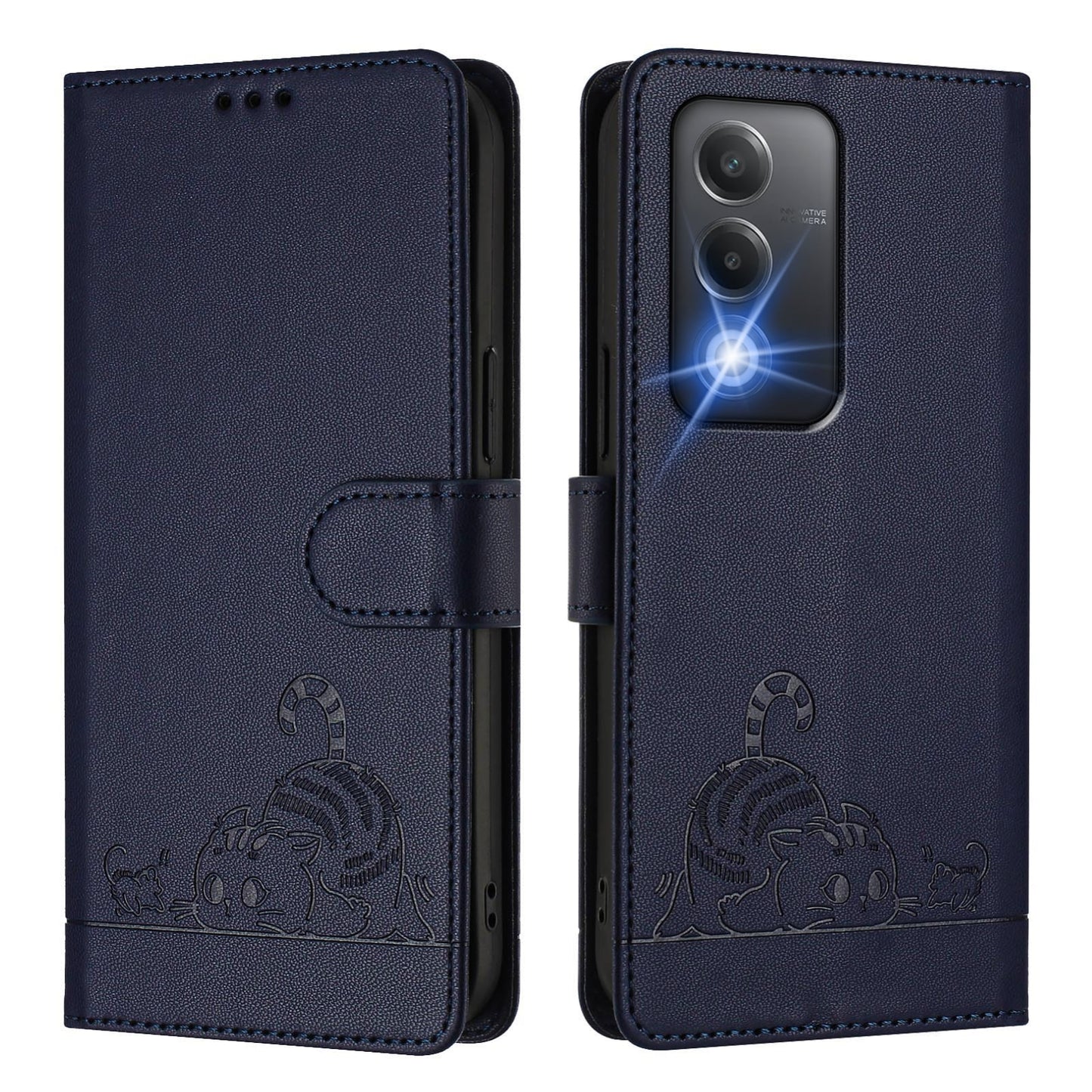 OPPO K12x 5G Global Leather Phone Case with Cat and Rat Embossed Pattern, RFID Protection, Card Holder Slots, Anti-fall Feature & Lanyard
