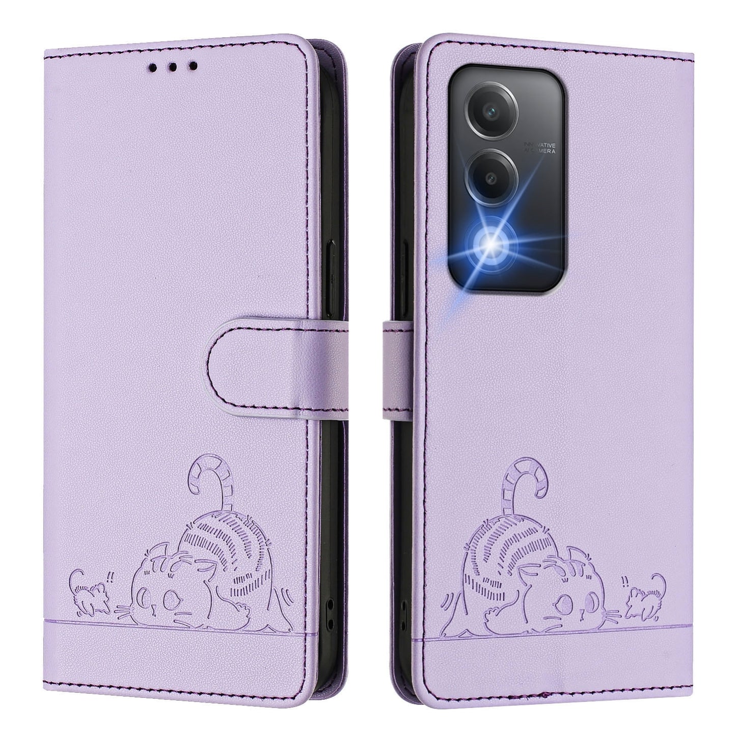 OPPO K12x 5G Global Leather Phone Case with Cat and Rat Embossed Pattern, RFID Protection, Card Holder Slots, Anti-fall Feature & Lanyard