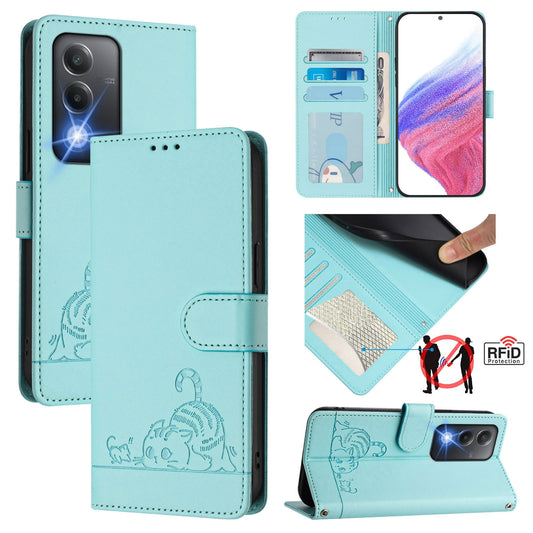 OPPO A3 Pro 5G India Leather Phone Case with Cat and Rat Embossed Pattern, RFID Protection, Card Holder Slots, Anti-fall Feature & Lanyard