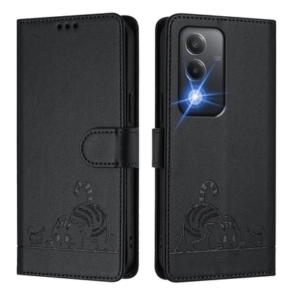 OPPO A3 Pro 5G India Leather Phone Case with Cat and Rat Embossed Pattern, RFID Protection, Card Holder Slots, Anti-fall Feature & Lanyard