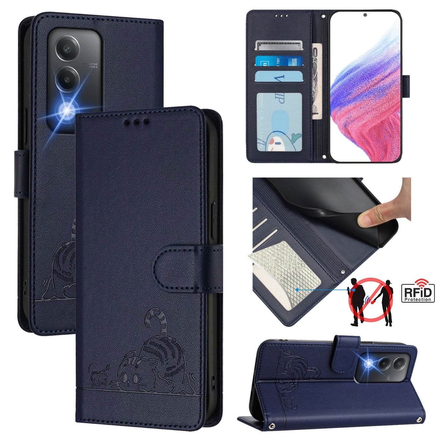 OPPO A3 Pro 5G India Leather Phone Case with Cat and Rat Embossed Pattern, RFID Protection, Card Holder Slots, Anti-fall Feature & Lanyard