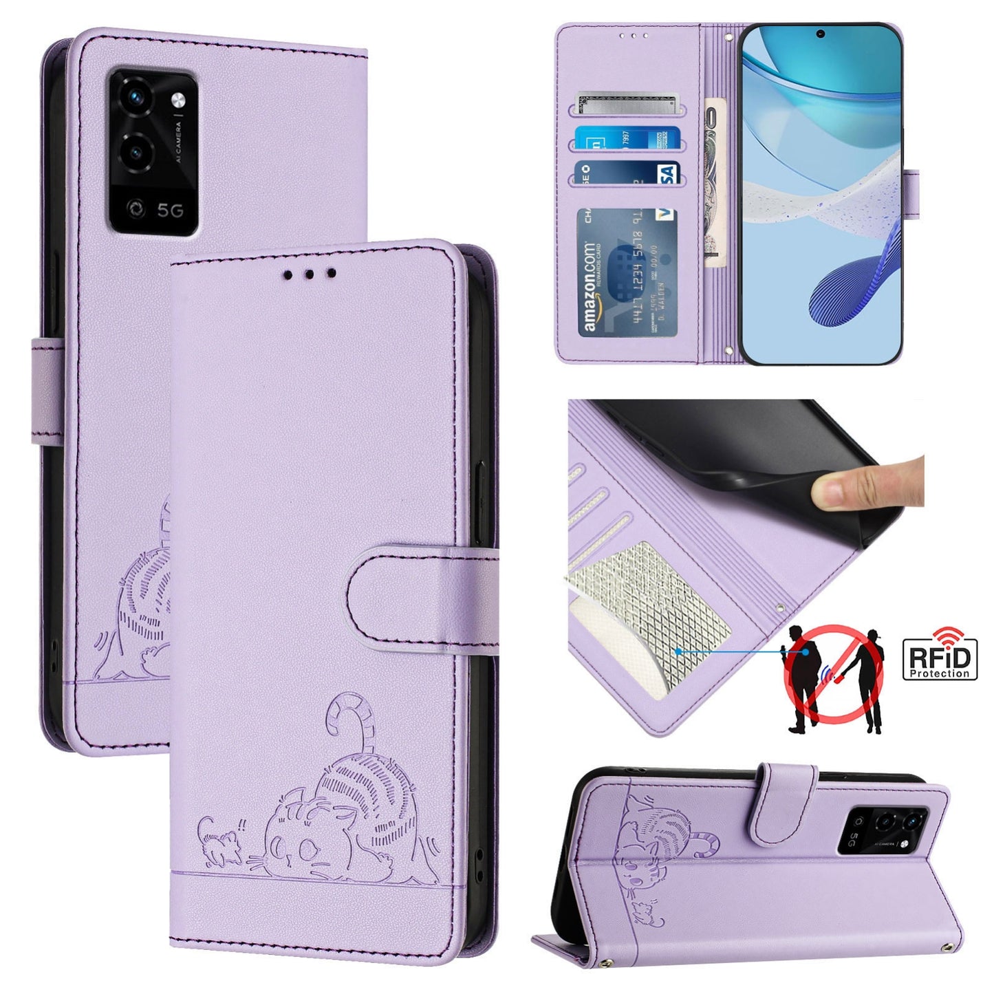 Realme V11 5G Leather Phone Case with Cat and Rat Embossed Pattern, RFID Protection, Card Holder Slots, Anti-fall Feature & Lanyard