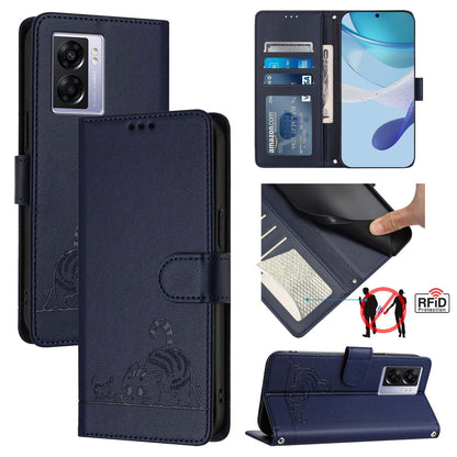 Realme Narzo 50 Leather Phone Case with Cat and Rat Embossed Pattern, RFID Protection, Card Holder Slots, Anti-fall Feature & Lanyard