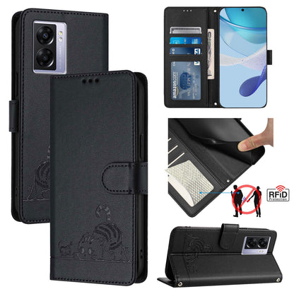 Realme V23 Leather Phone Case with Cat and Rat Embossed Pattern, RFID Protection, Card Holder Slots, Anti-fall Feature & Lanyard