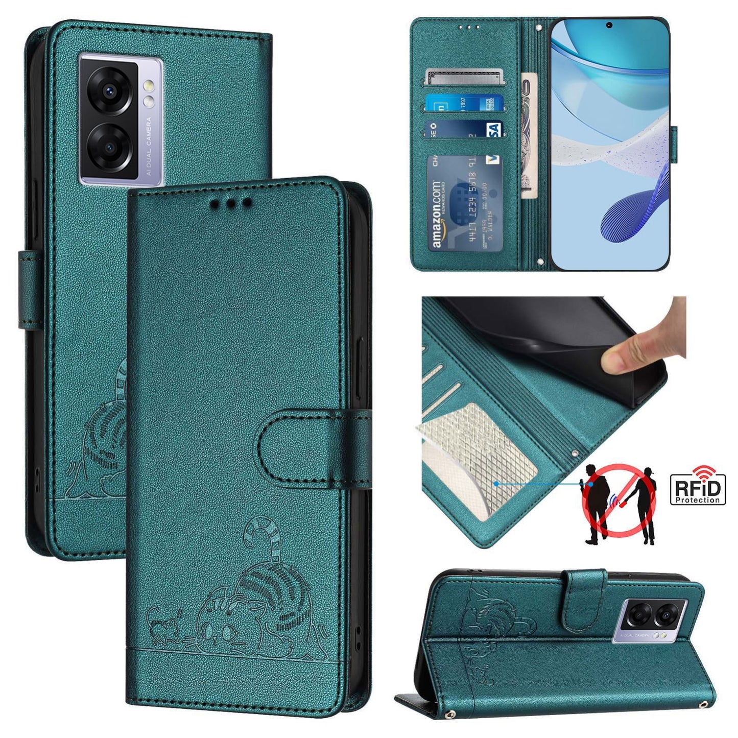 Realme V23 Leather Phone Case with Cat and Rat Embossed Pattern, RFID Protection, Card Holder Slots, Anti-fall Feature & Lanyard