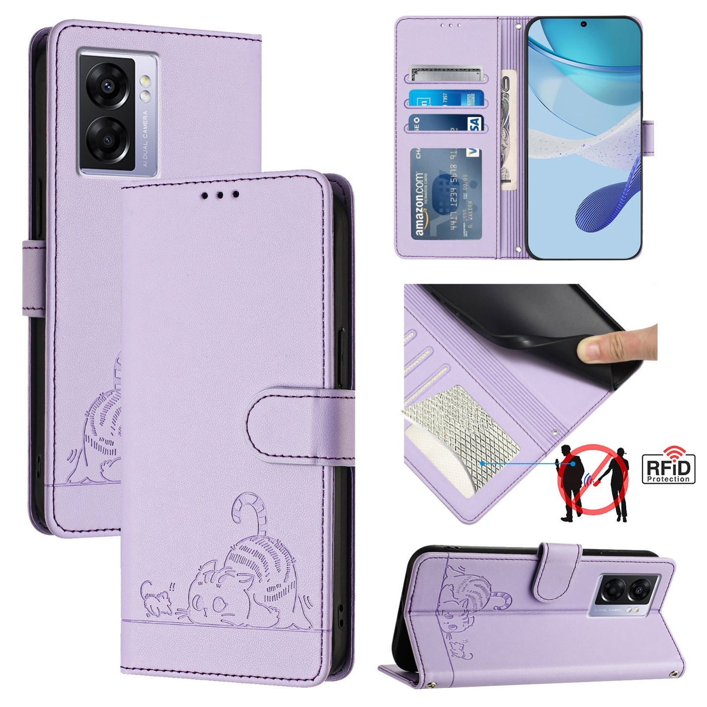 Realme V23 Leather Phone Case with Cat and Rat Embossed Pattern, RFID Protection, Card Holder Slots, Anti-fall Feature & Lanyard