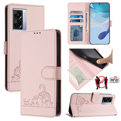 Realme Q5i Leather Phone Case with Cat and Rat Embossed Pattern, RFID Protection, Card Holder Slots, Anti-fall Feature & Lanyard