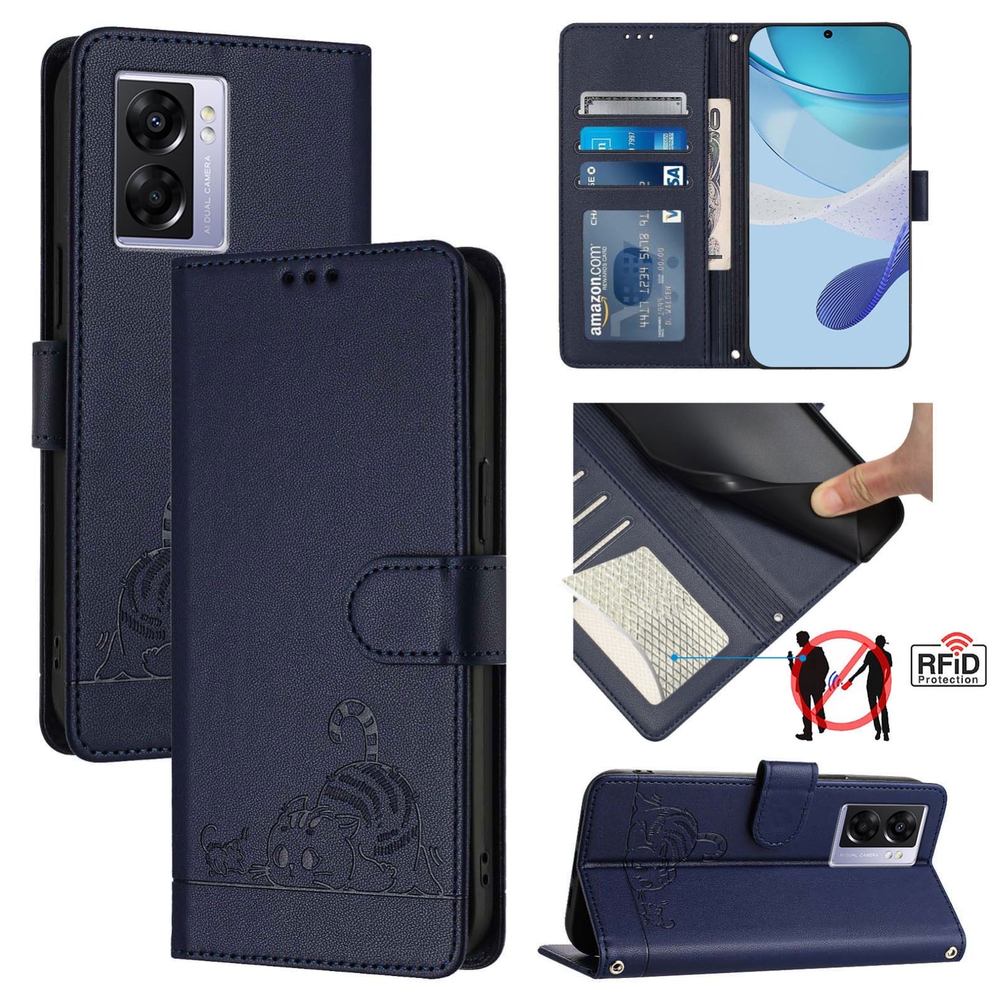 Realme Q5i Leather Phone Case with Cat and Rat Embossed Pattern, RFID Protection, Card Holder Slots, Anti-fall Feature & Lanyard