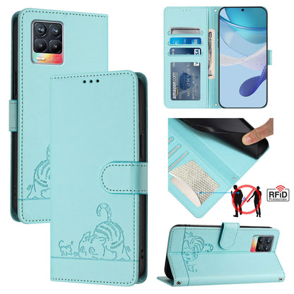 Realme 8 4G Leather Phone Case with Cat and Rat Embossed Pattern, RFID Protection, Card Holder Slots, Anti-fall Feature & Lanyard