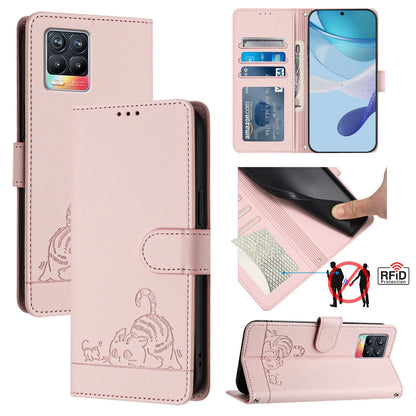 Realme 8 4G Leather Phone Case with Cat and Rat Embossed Pattern, RFID Protection, Card Holder Slots, Anti-fall Feature & Lanyard