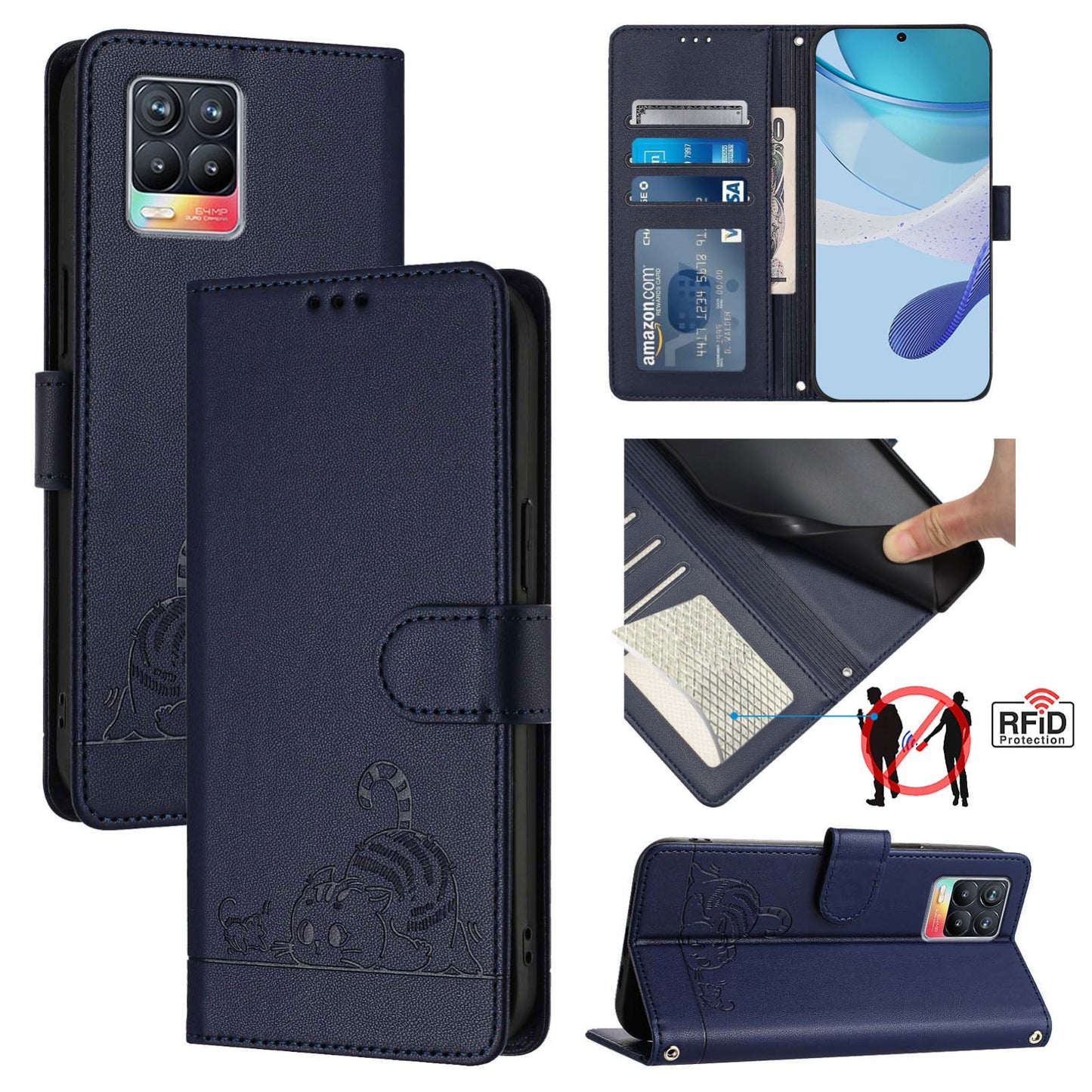 Realme 8 4G Leather Phone Case with Cat and Rat Embossed Pattern, RFID Protection, Card Holder Slots, Anti-fall Feature & Lanyard