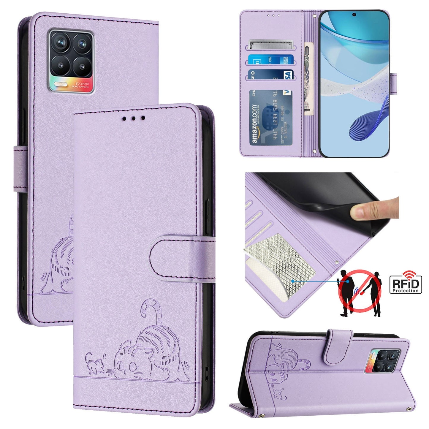 Realme 8 4G Leather Phone Case with Cat and Rat Embossed Pattern, RFID Protection, Card Holder Slots, Anti-fall Feature & Lanyard