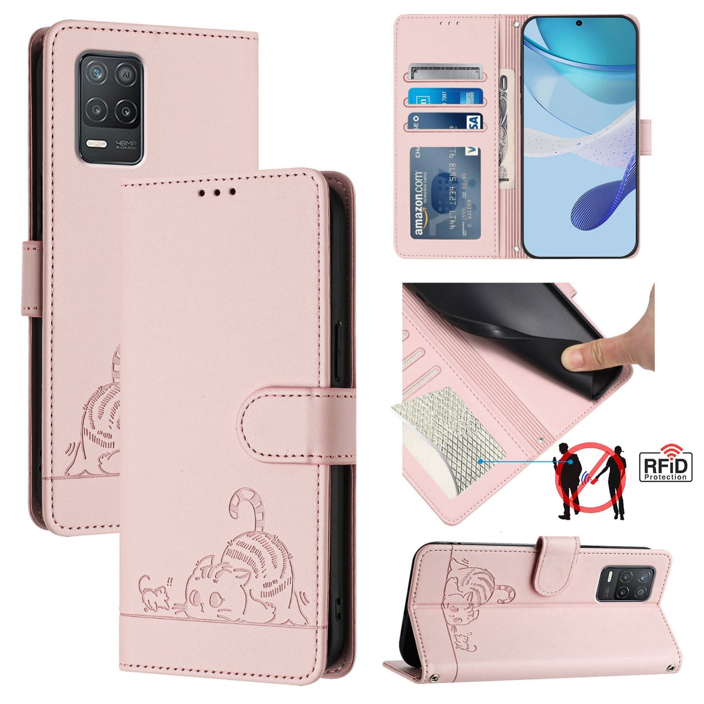 Realme 9 5G India Leather Phone Case with Cat and Rat Embossed Pattern, RFID Protection, Card Holder Slots, Anti-fall Feature & Lanyard