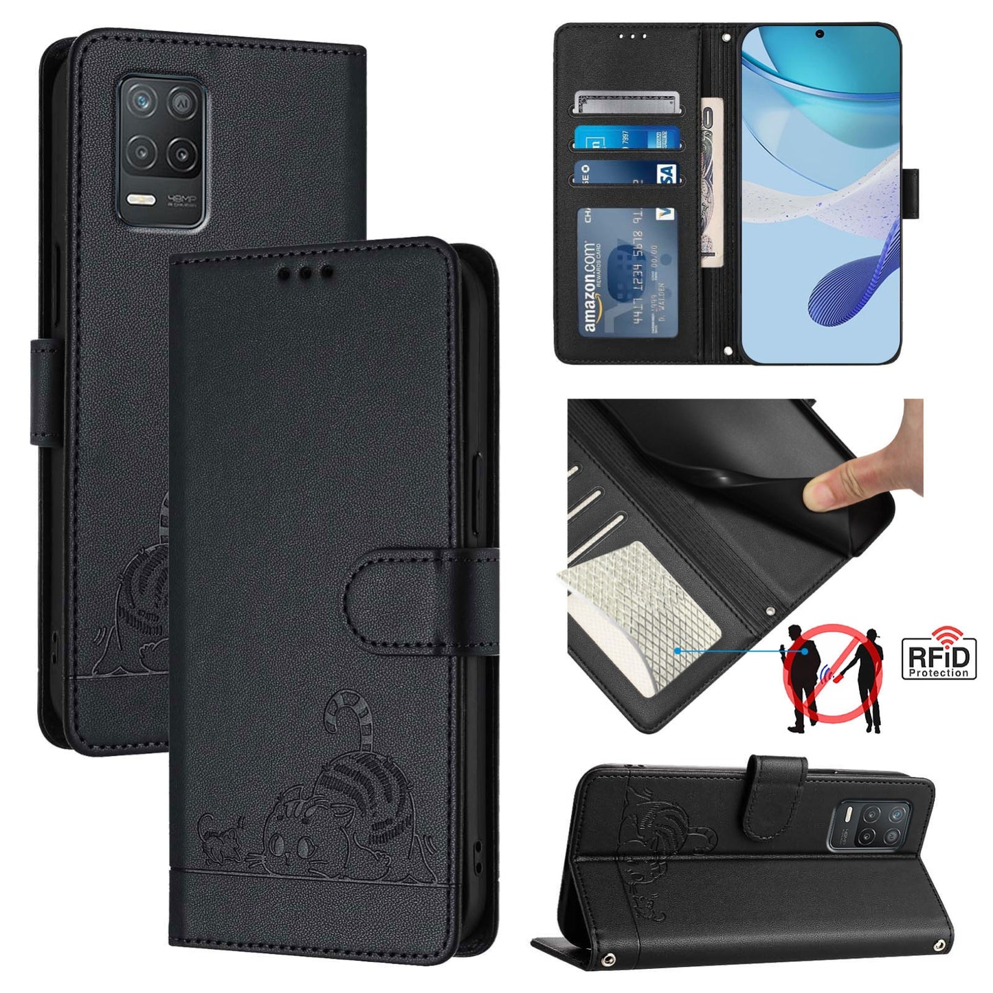 Realme 8 5G Leather Phone Case with Cat and Rat Embossed Pattern, RFID Protection, Card Holder Slots, Anti-fall Feature & Lanyard