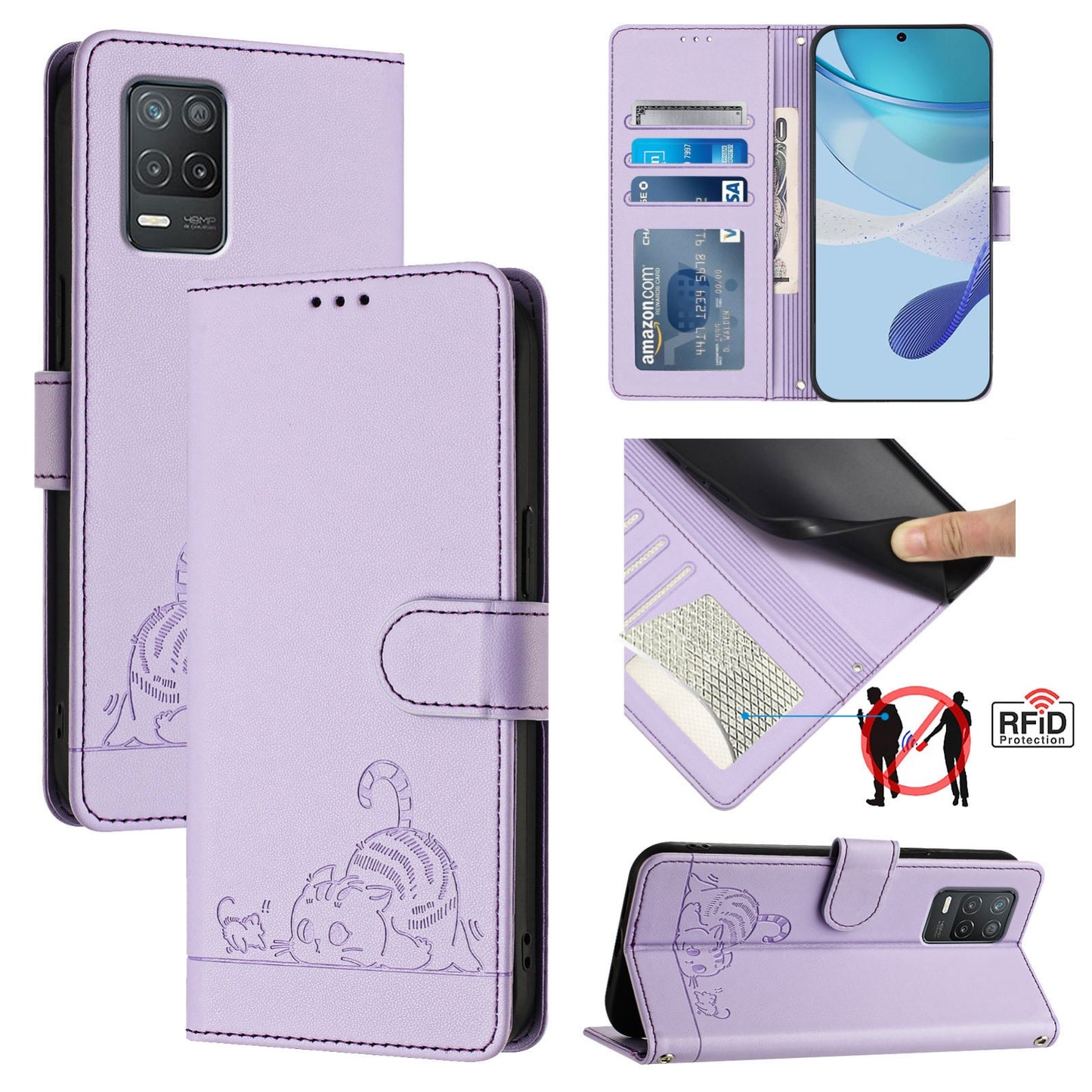 Realme V13 5G Leather Phone Case with Cat and Rat Embossed Pattern, RFID Protection, Card Holder Slots, Anti-fall Feature & Lanyard