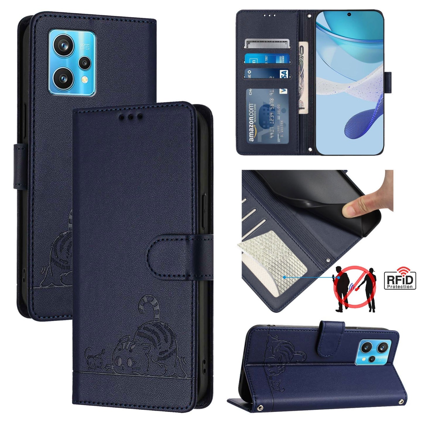 Realme 9 Pro+ 5G Leather Phone Case with Cat and Rat Embossed Pattern, RFID Protection, Card Holder Slots, Anti-fall Feature & Lanyard